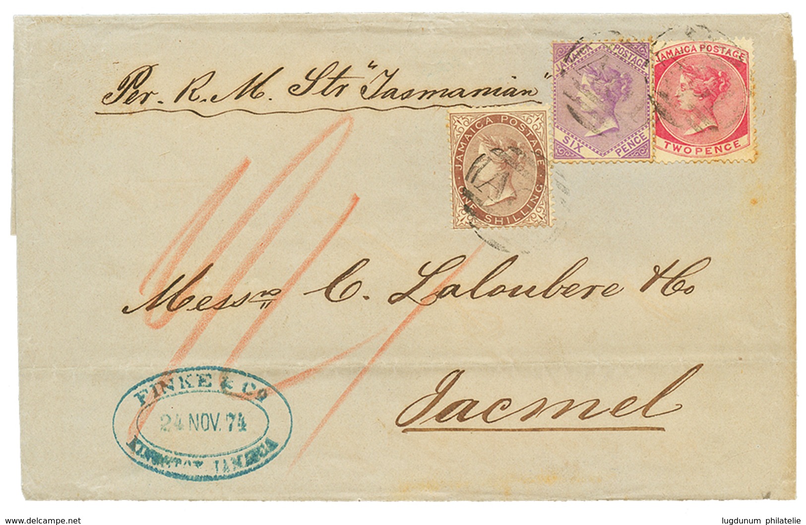 1070 JAMAICA : 1874 2d+ 6d+ 1 SHILLING Canc. A01 On Entire Letter From KINGSTON To HAITI.Scarce. Vvf. - Sonstige & Ohne Zuordnung