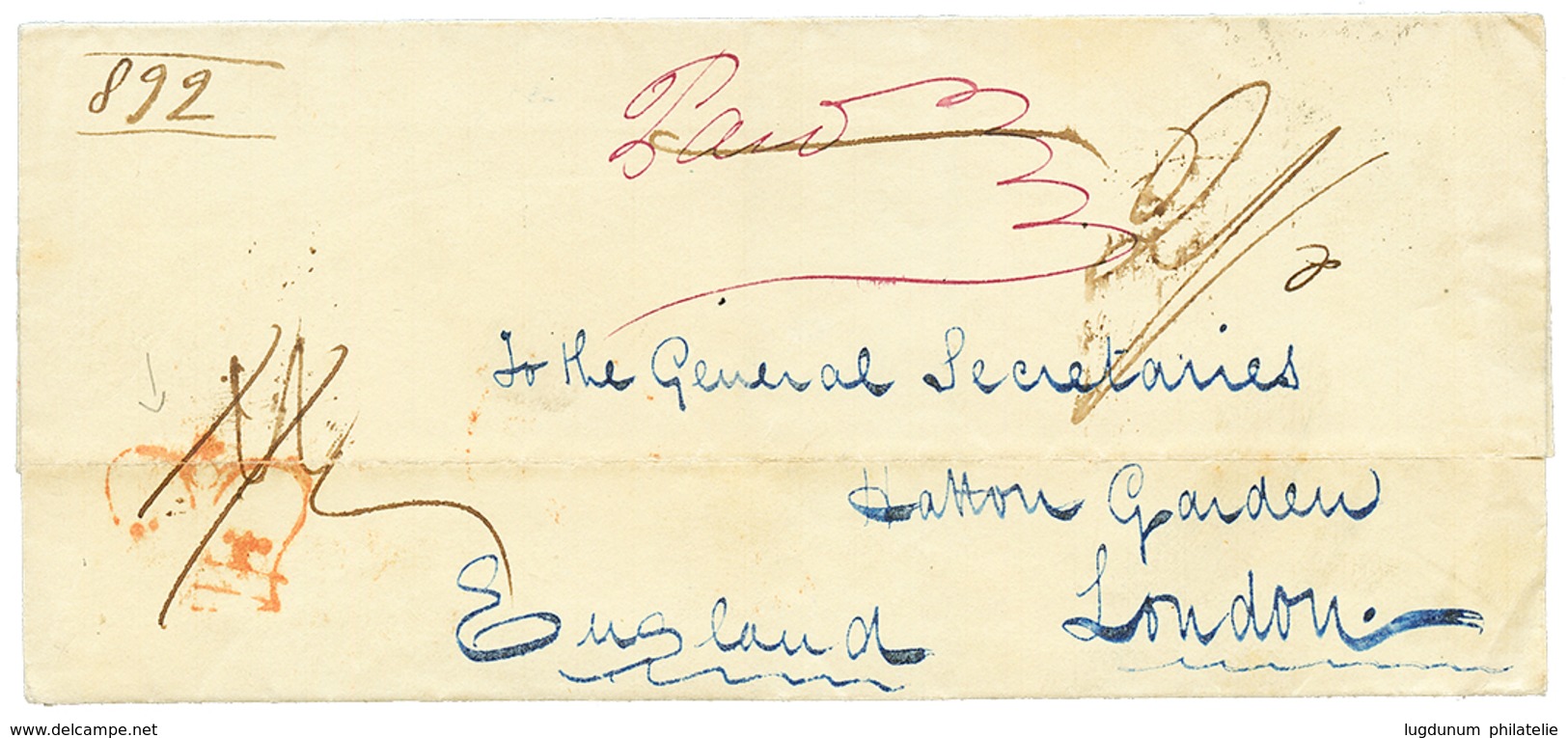 1072 "LUCEA" : 1840 LUCEA JAMAICA On Cover To LONDON. Recto, Red British CROWN (inspector Control) Cachet. RARE. Vvf. - Sonstige & Ohne Zuordnung