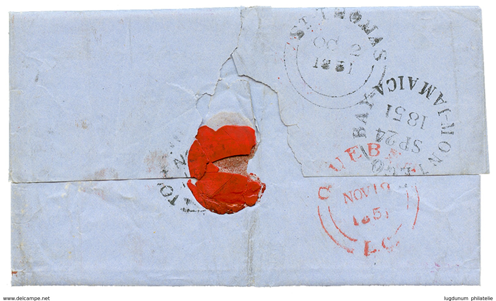 1073 "MONTEGO-BAY Via ST THOMAS To CANADA" : 1851 JAMAICA PAID Red On Entire Letter Datelined "PROVIDENCE ESTATE ST JAME - Other & Unclassified