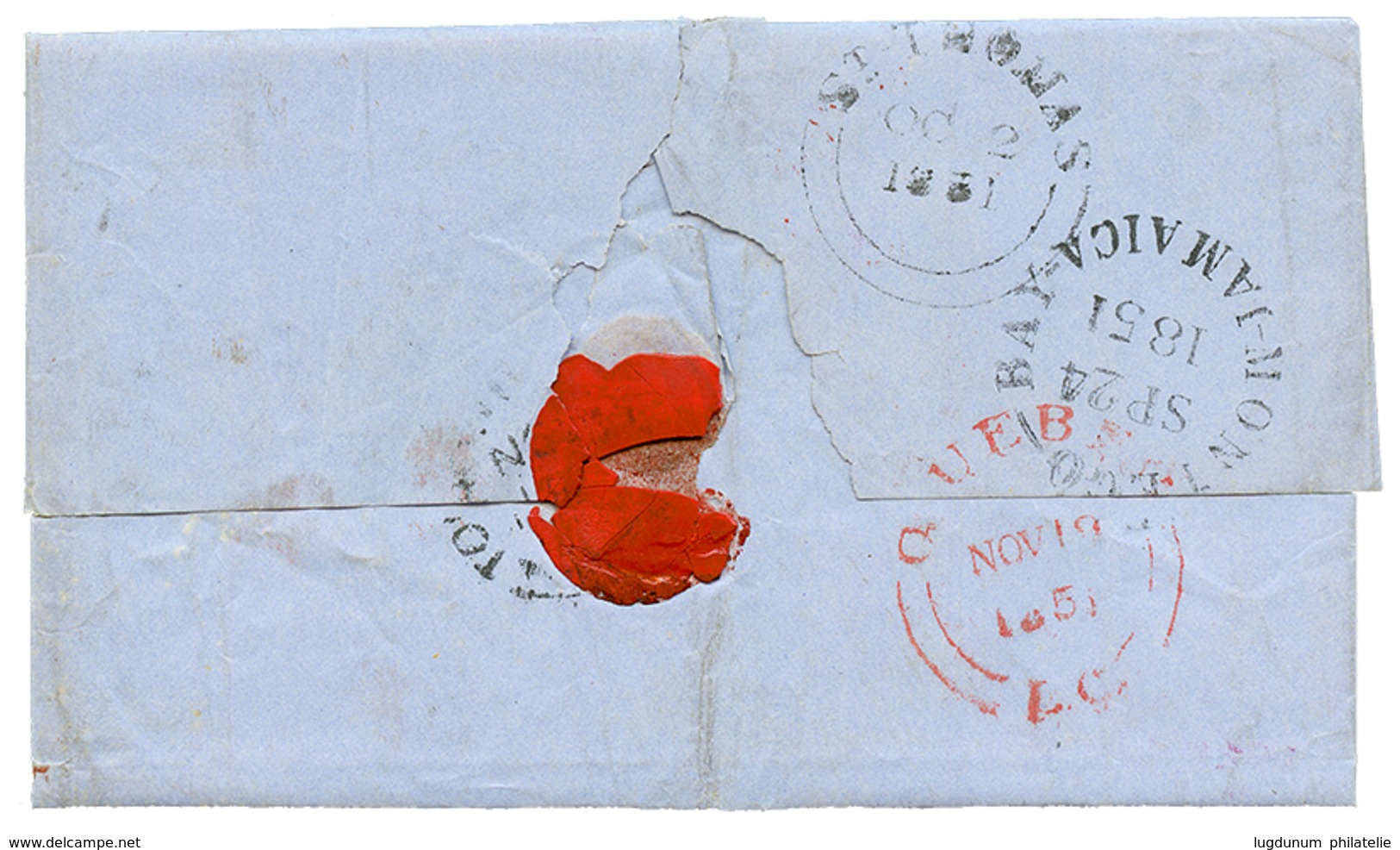 1073 "MONTEGO-BAY Via ST THOMAS To CANADA" : 1851 JAMAICA PAID Red On Entire Letter Datelined "PROVIDENCE ESTATE ST JAME - Altri & Non Classificati