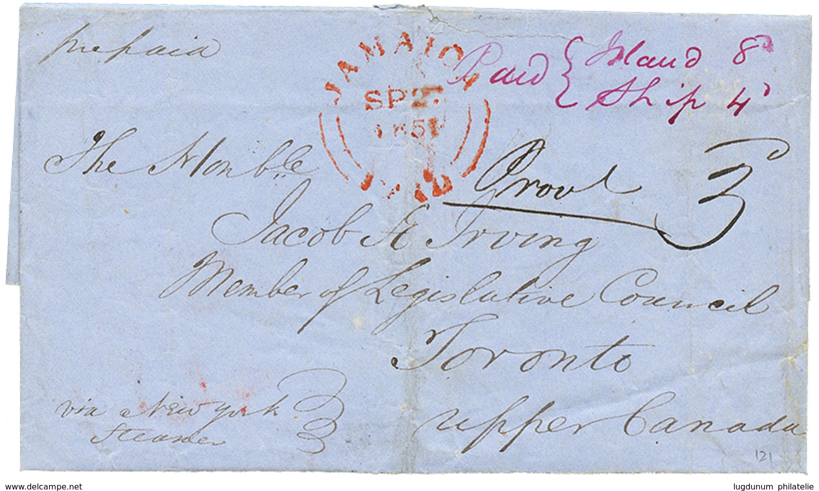 1073 "MONTEGO-BAY Via ST THOMAS To CANADA" : 1851 JAMAICA PAID Red On Entire Letter Datelined "PROVIDENCE ESTATE ST JAME - Autres & Non Classés