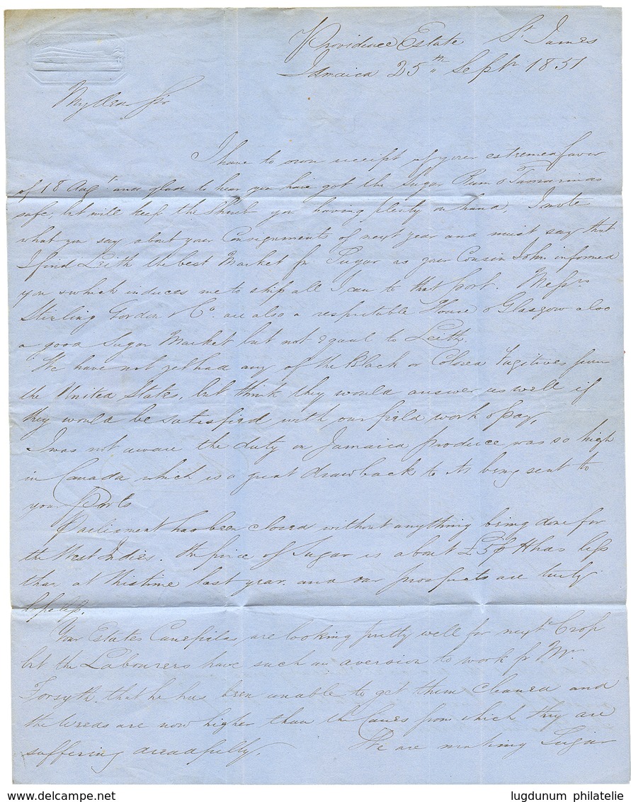 1073 "MONTEGO-BAY Via ST THOMAS To CANADA" : 1851 JAMAICA PAID Red On Entire Letter Datelined "PROVIDENCE ESTATE ST JAME - Autres & Non Classés