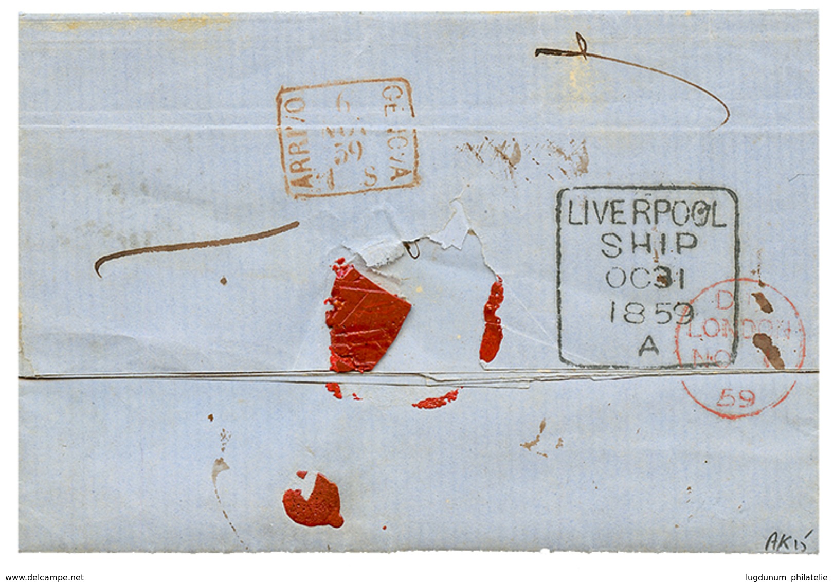 1075 LAGOS To ITALY : 1859 "60" Tax Marking + LIVERPOOL/ SHIP (verso) On Entire Letter From LAGOS To GENOVA. Scarce. Vvf - Autres & Non Classés