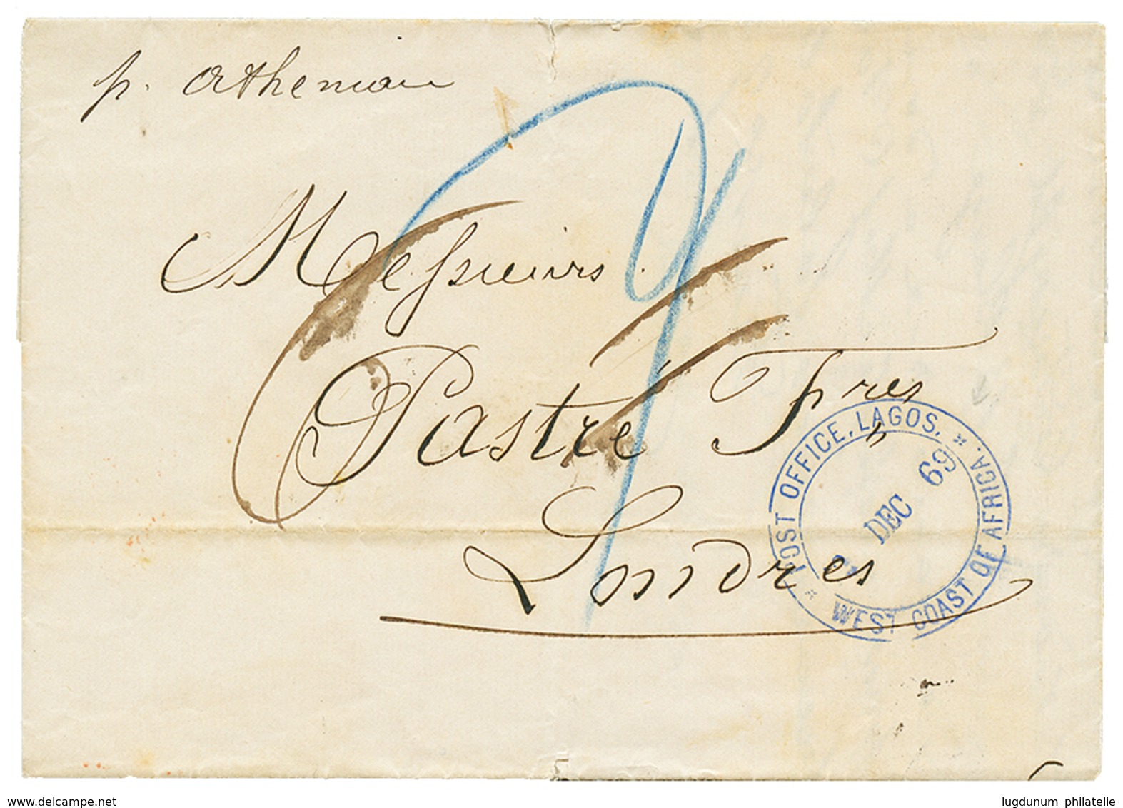 1076 1869 Superb Blue Cachet POST OFFICE LAGOS WEST COAST OF AFRICA + Tax Marking On Entire Letter From LAGOS To ENGLAND - Other & Unclassified