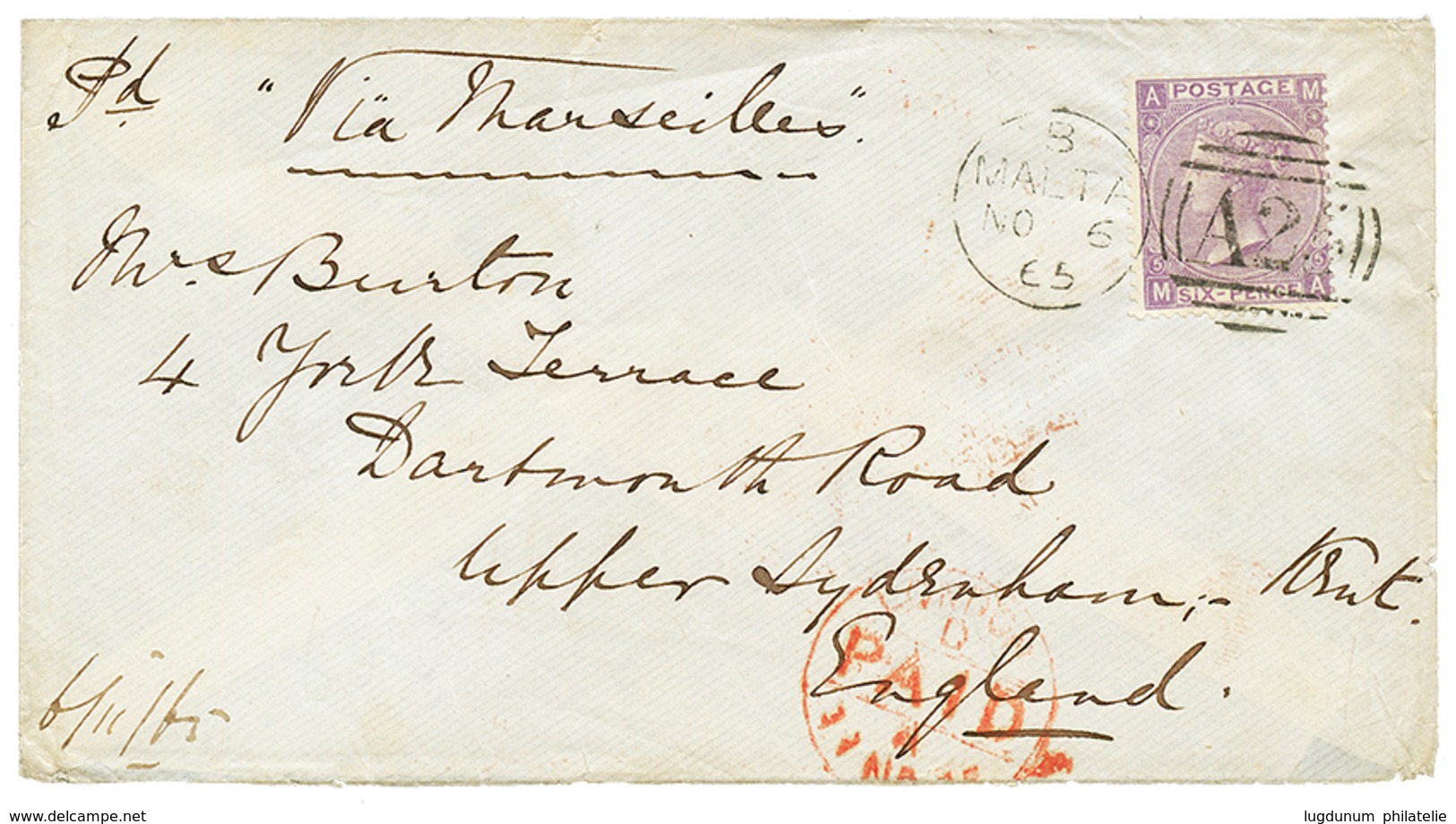 1077 1865 6d(pl. 5) Canc. A25 + MALTA On Envelope To ENGLAND. Vvf. - Autres & Non Classés