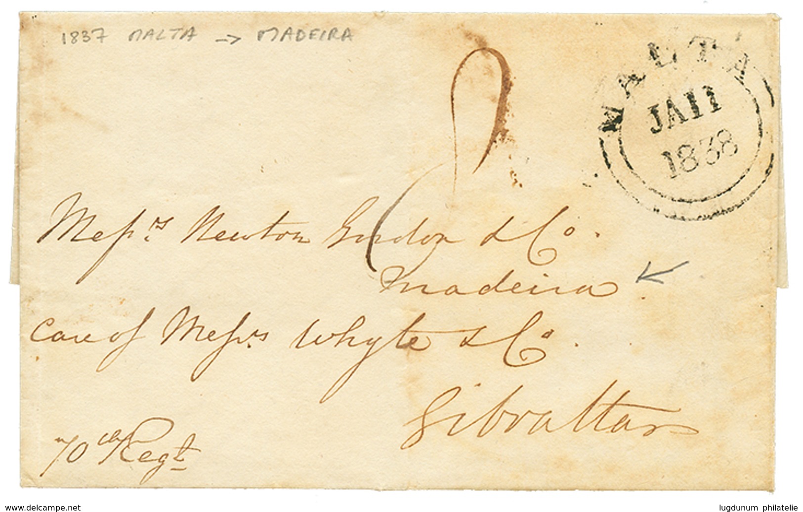 1079 MALTA To MADEIRA : 1838 MALTA + "8" Tax Marking On Entire Letter From MALTA "Care Of ....GIBRALTAR" To MADEIRA. Rar - Autres & Non Classés