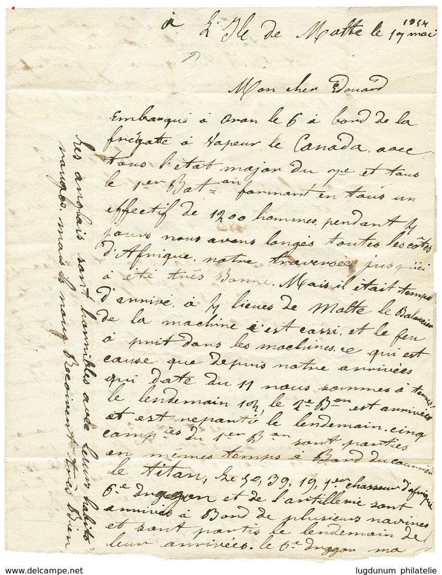 1085 "ARMEE D'ORIENT - Escale De MALTE" : 1854 ESCADRE DE LA MEDITERRANEE + 25 Tax Marking On Entire Letter From MALTA T - Sonstige & Ohne Zuordnung