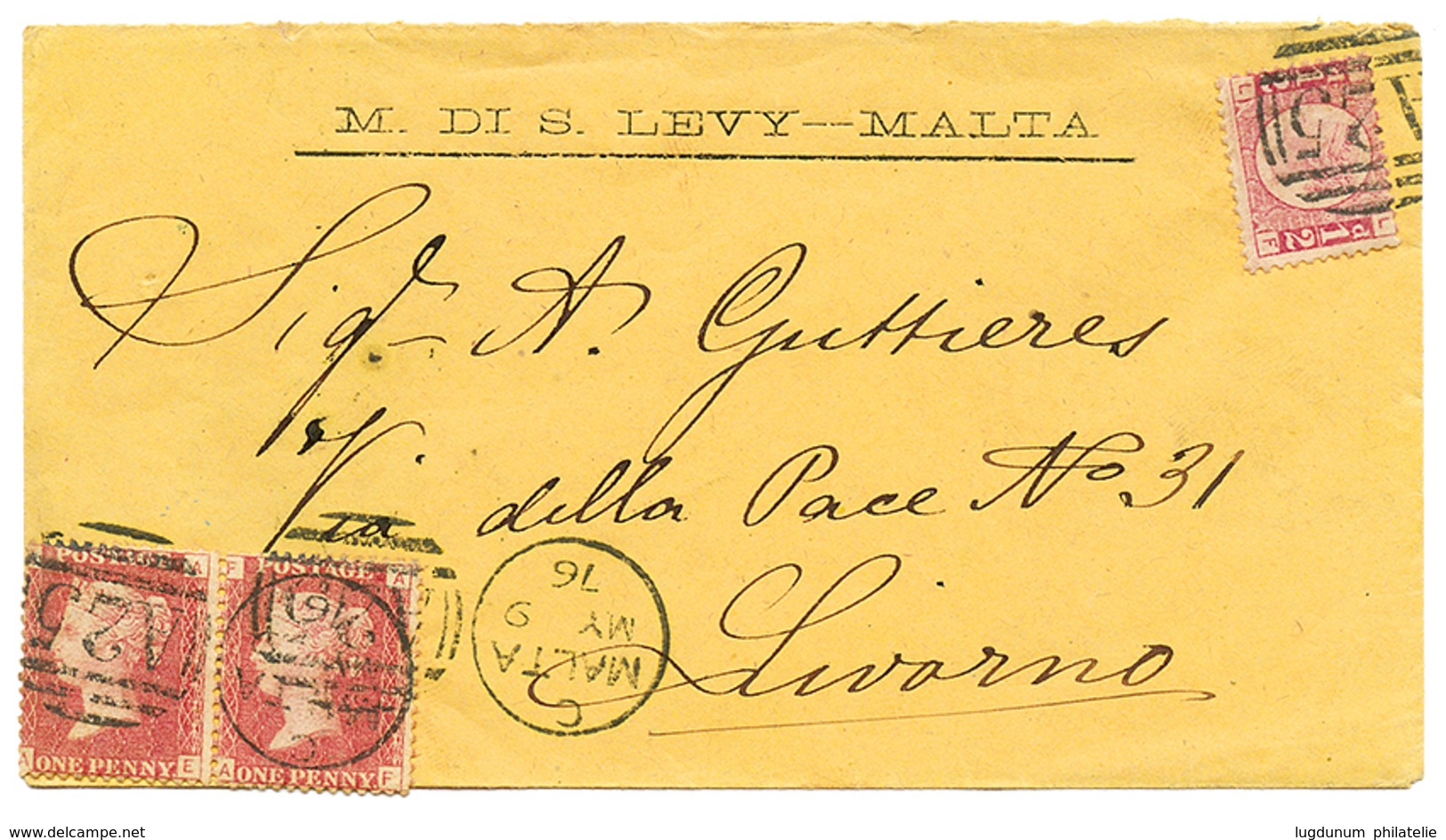 1089 1876 1/2d + 1d(x2) Canc. A25 + MALTA On Envelope To LIVORNO(ITALY). Vvf. - Autres & Non Classés