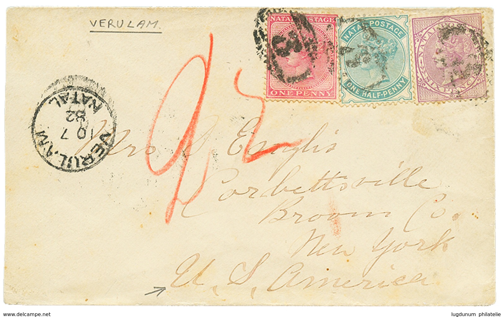 1096 1882 1/2d+ 1d+ 6d Canc. 3 + VERULAM On Envelope To NEW-YORK (USA). Vvf. - Sonstige & Ohne Zuordnung