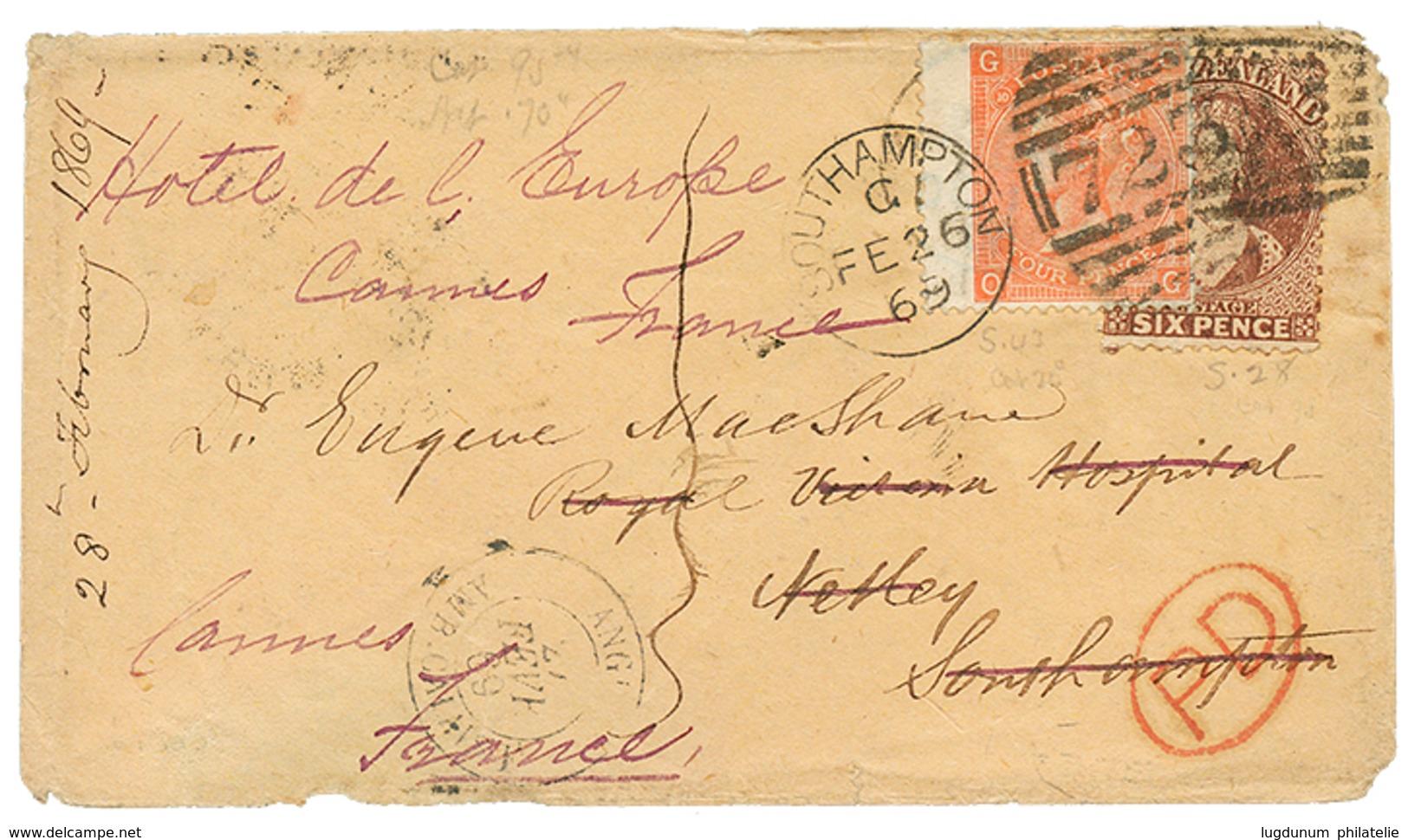 1097 1869 NEW ZEALAND 6d On Envelope To ENGLAND Redirected With GB 4c Canc. 723 + SOUTHAMPTON. Nice Combination. Vf. - Sonstige & Ohne Zuordnung