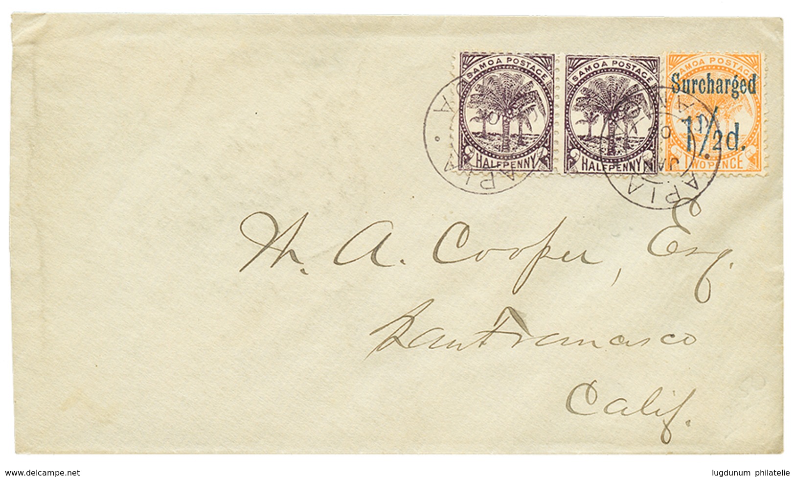 1099 DAVIS POST : 1895 1/2d(x2) + 1 1/2d On 2d Canc. APIA SAMOA On Envelope To SAN FRANCISCO(USA). Vvf. - Sonstige & Ohne Zuordnung