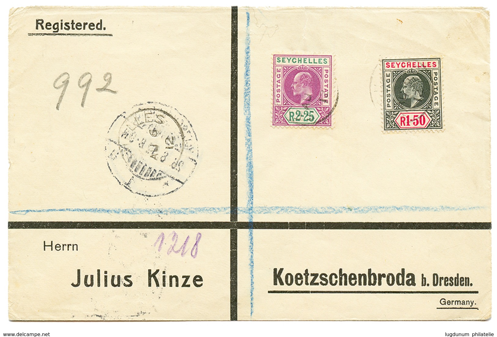 1102 1912 1R50 + 2R25 On Envelope From SEYCHELLES To GERMANY. Rare Stamps On Letter. Vf. - Sonstige & Ohne Zuordnung