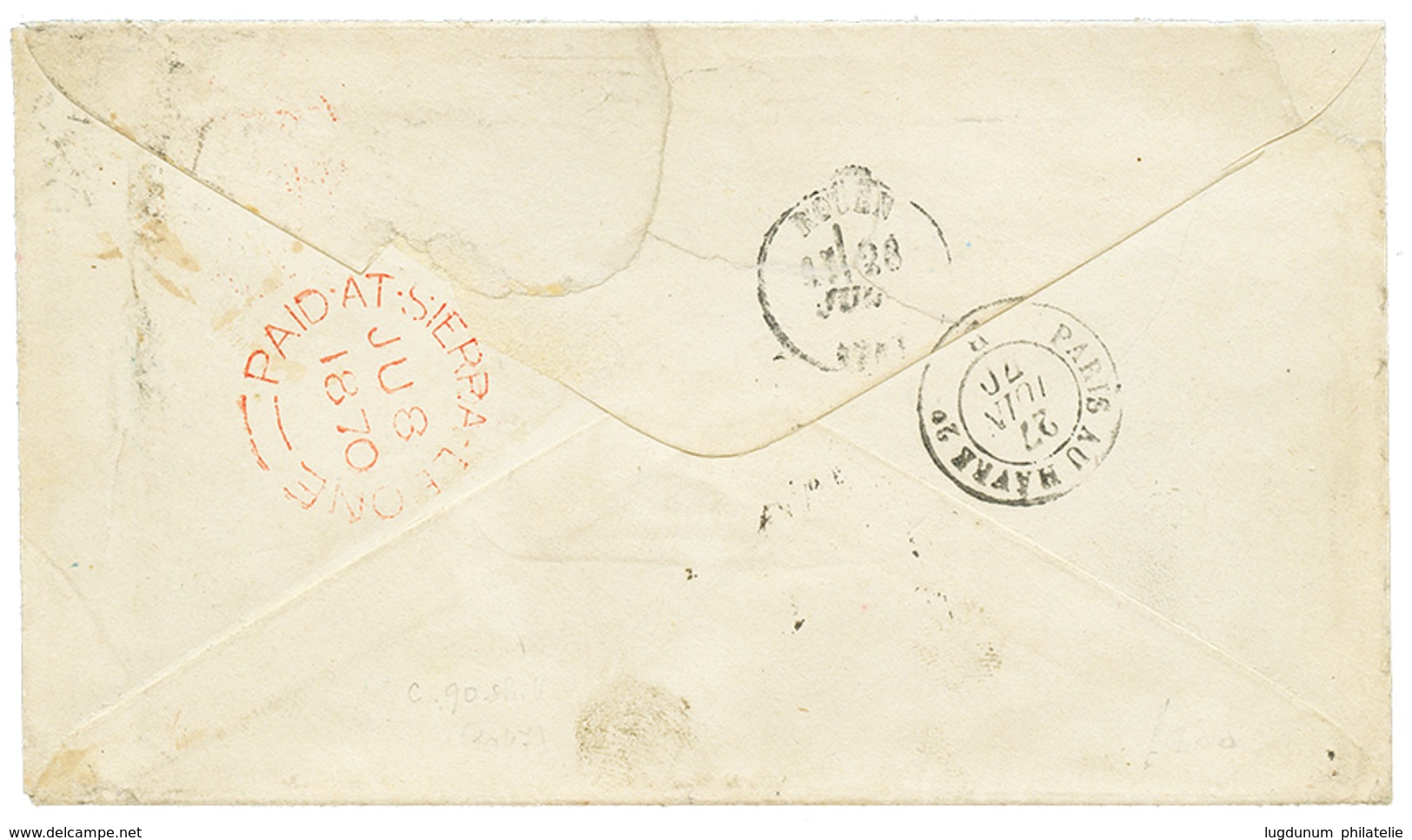 1103 1870 PD Red + "1/3" Tax Marking + Superb PAID AT SIERRA-LEONE In Red(verso) On Envelope To FRANCE. Vf. - Autres & Non Classés
