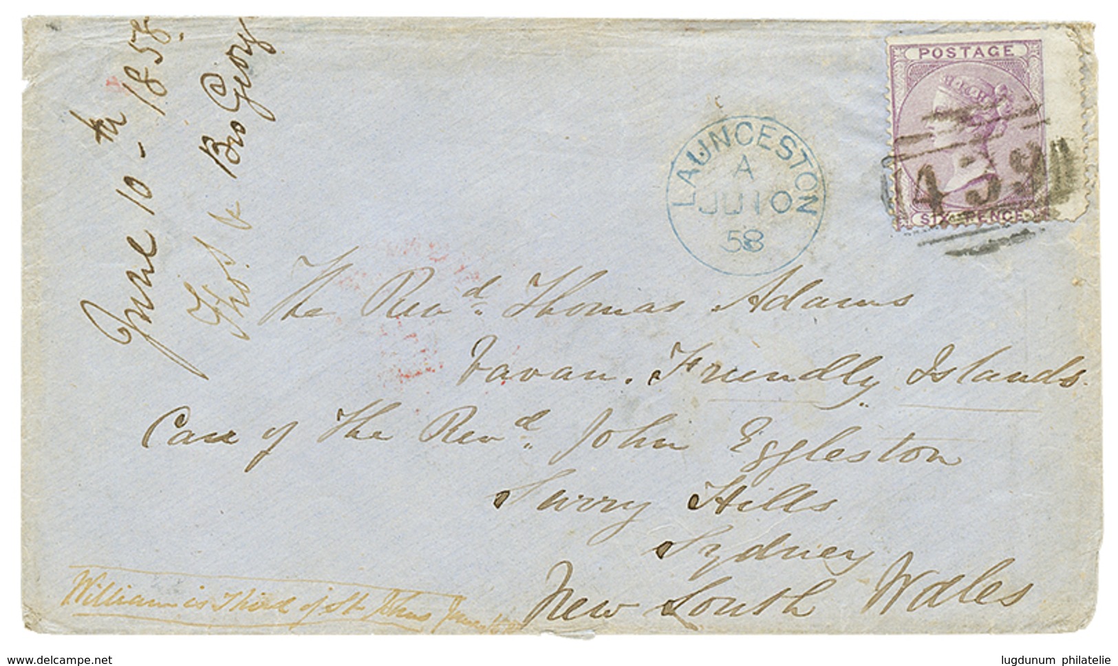 1112 1858 GREAT BRITAIN 6d Canc. 439 + LAUCESTON On Envelope To VAVAU FRIENDLY ISLANDS ( TONGA ). Very Rare Destination  - Sonstige & Ohne Zuordnung