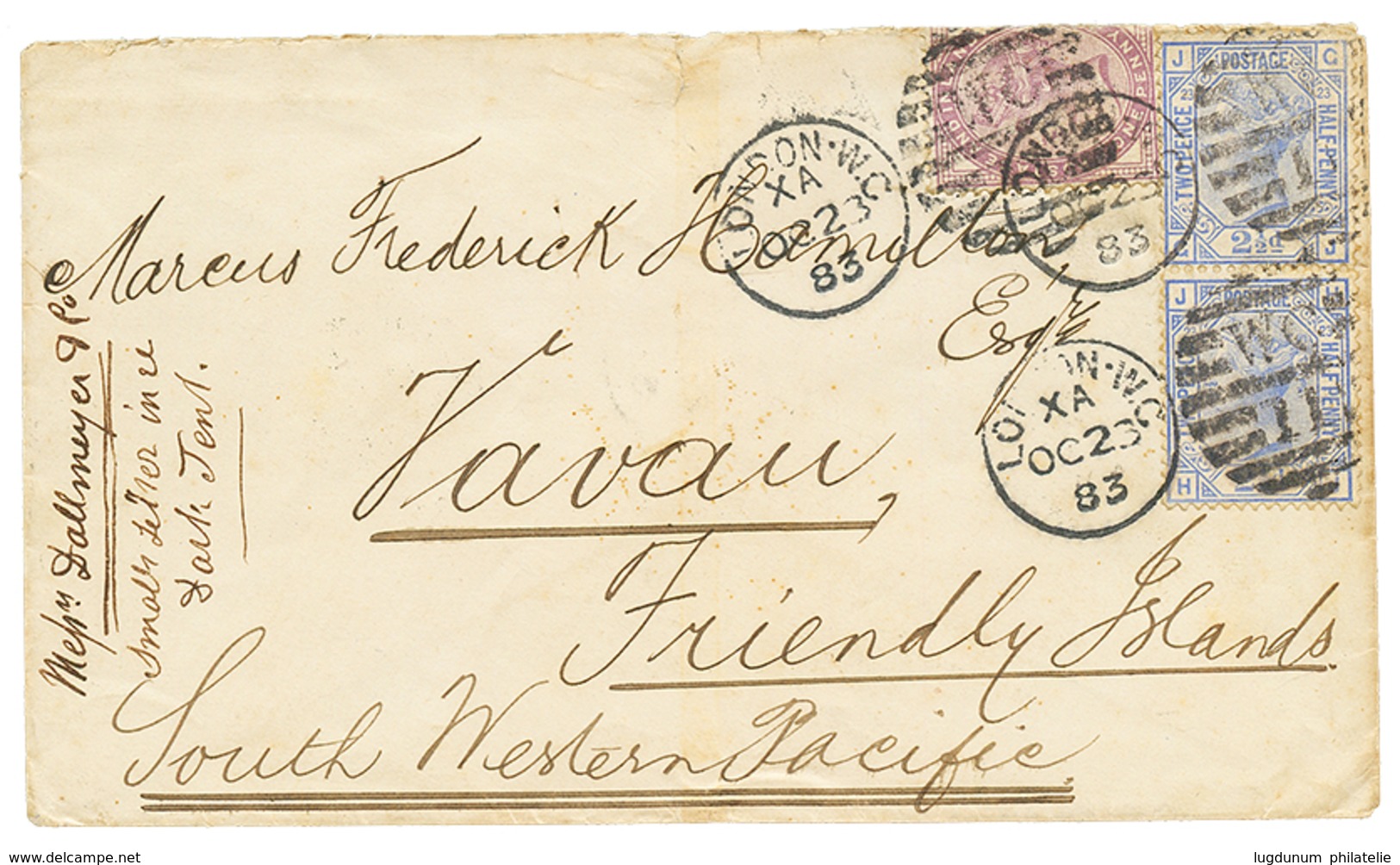 1113 1883 GREAT BRITAIN 2 1/2d(x2) + 1d(fault) On Envelope From LONDON To VAVAU FRIENDLY ISLANDS ( TONGA ). RARE. Vf. - Altri & Non Classificati