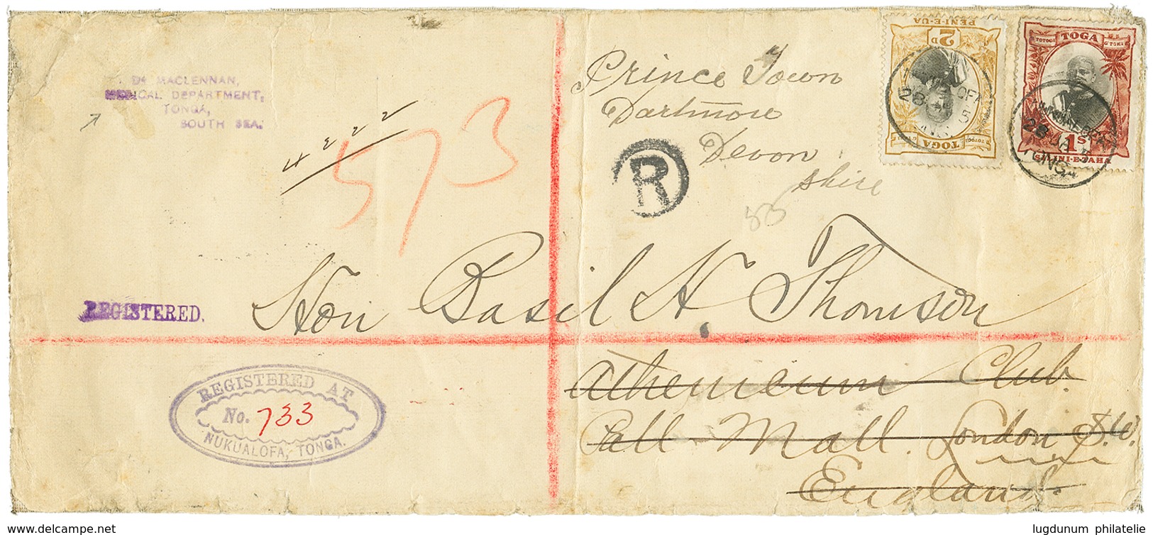 1115 TONGA : 1905 1 SHILLING(rare) + 2d Canc. NUKUALOFA On REGISTERED Envelope From MEDICAL DEPARTMENT To ENGLAND. Rare  - Sonstige & Ohne Zuordnung