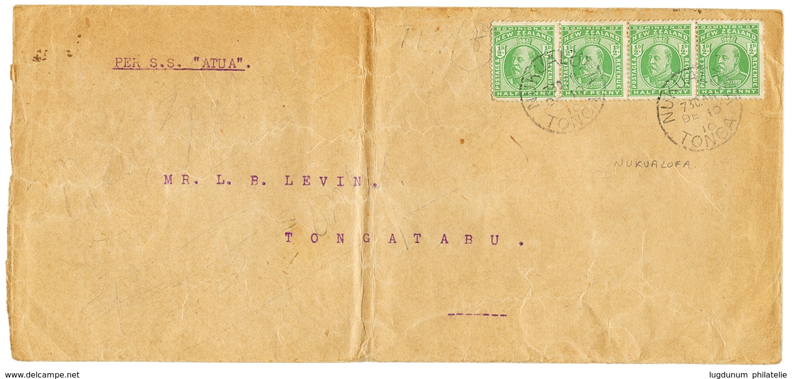 1116 1910 NEW ZEALAND 1/2d(x4) Canc. NUKUALOFA TONGA + "S.S ATUA" On Envelope To TONGATABU. Scarce. Vf. - Sonstige & Ohne Zuordnung