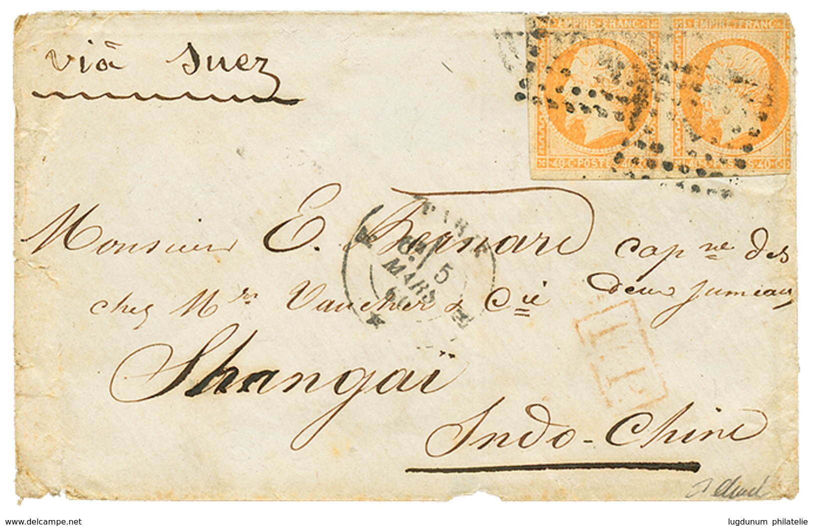 1122 1860 FRANCE 40c(x2) On Envelope From PARIS To SHANGHAI CHINA. Verso, Blue HONG-KONG. Small Faults. Vf. - Autres & Non Classés
