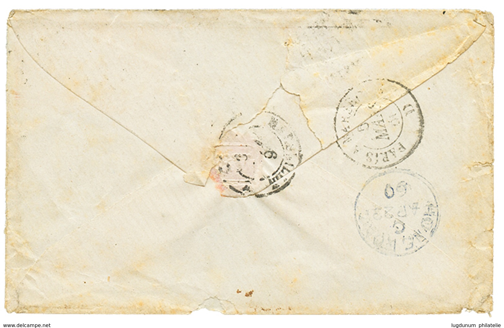 1122 1860 FRANCE 40c(x2) On Envelope From PARIS To SHANGHAI CHINA. Verso, Blue HONG-KONG. Small Faults. Vf. - Sonstige & Ohne Zuordnung