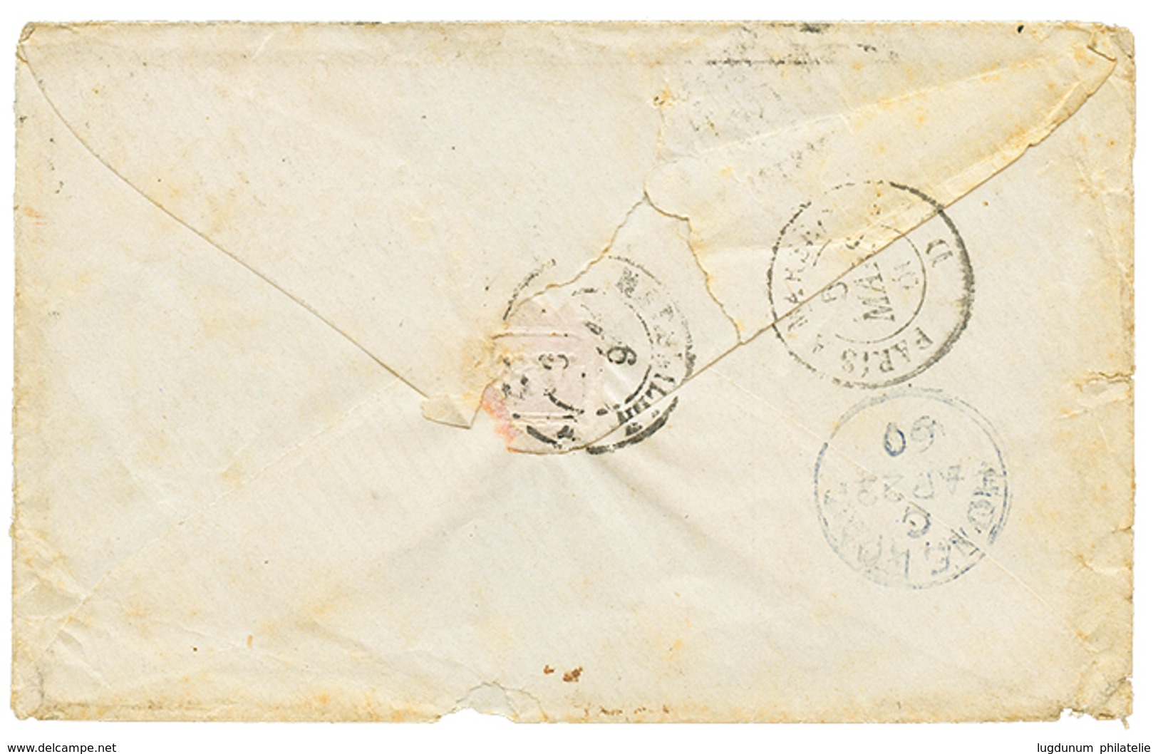 1122 1860 FRANCE 40c(x2) On Envelope From PARIS To SHANGHAI CHINA. Verso, Blue HONG-KONG. Small Faults. Vf. - Autres & Non Classés