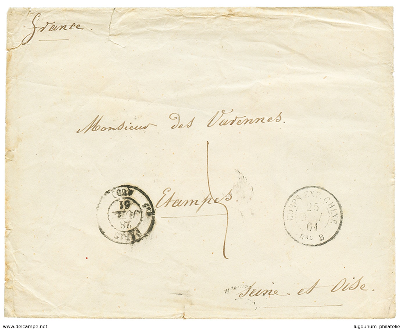 1123 1861 CORPS EXP. CHINA Bau B + Taxe 5 On Envelope With Full Text (6 Pages) From "TIEN-TSIN" To FRANCE. Rare With Tex - Autres & Non Classés