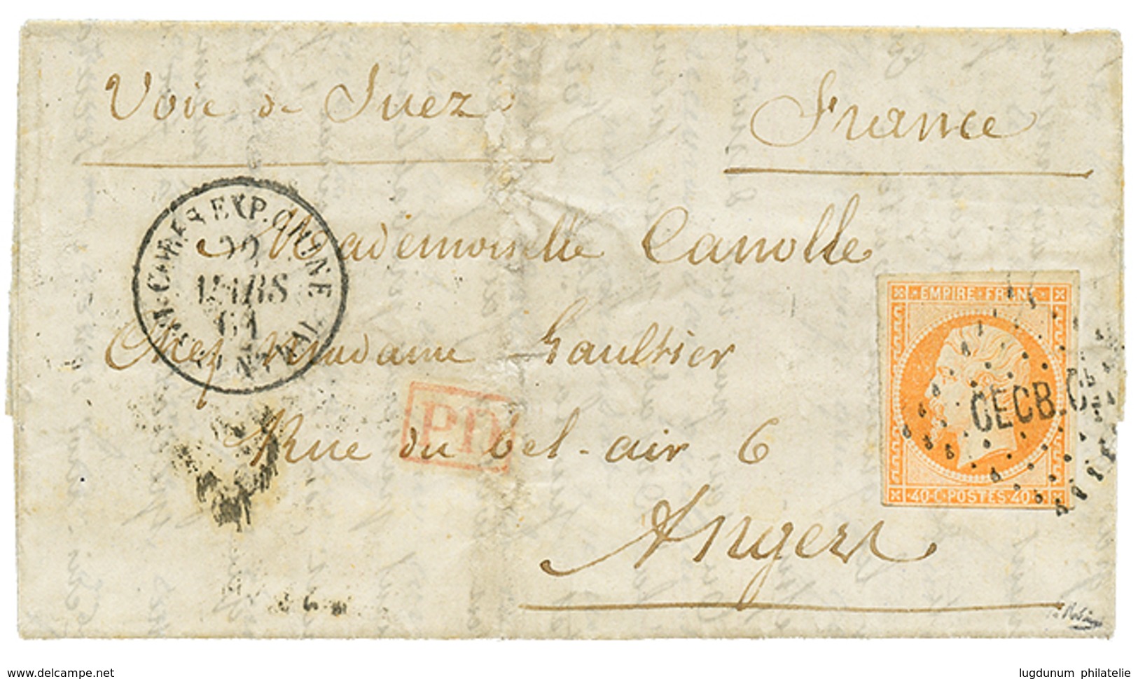 1124 1861 FRANCE 40c Canc. CECB.Cl + CORPS EXP. CHINE Bau CENTRAL On Entire Letter Datelined "SHANGHAI" To FRANCE. Rare  - Altri & Non Classificati