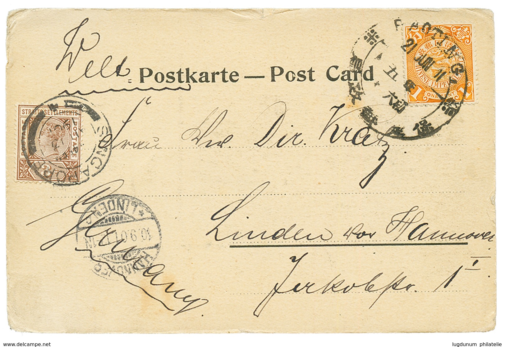 1130 1901 CHINA 1c Canc. PAOTING + STRAITS SETTLEMENTS 3c Canc. SINGAPORE On Card To GERMANY. Rare Combination. Vvf. - Sonstige & Ohne Zuordnung