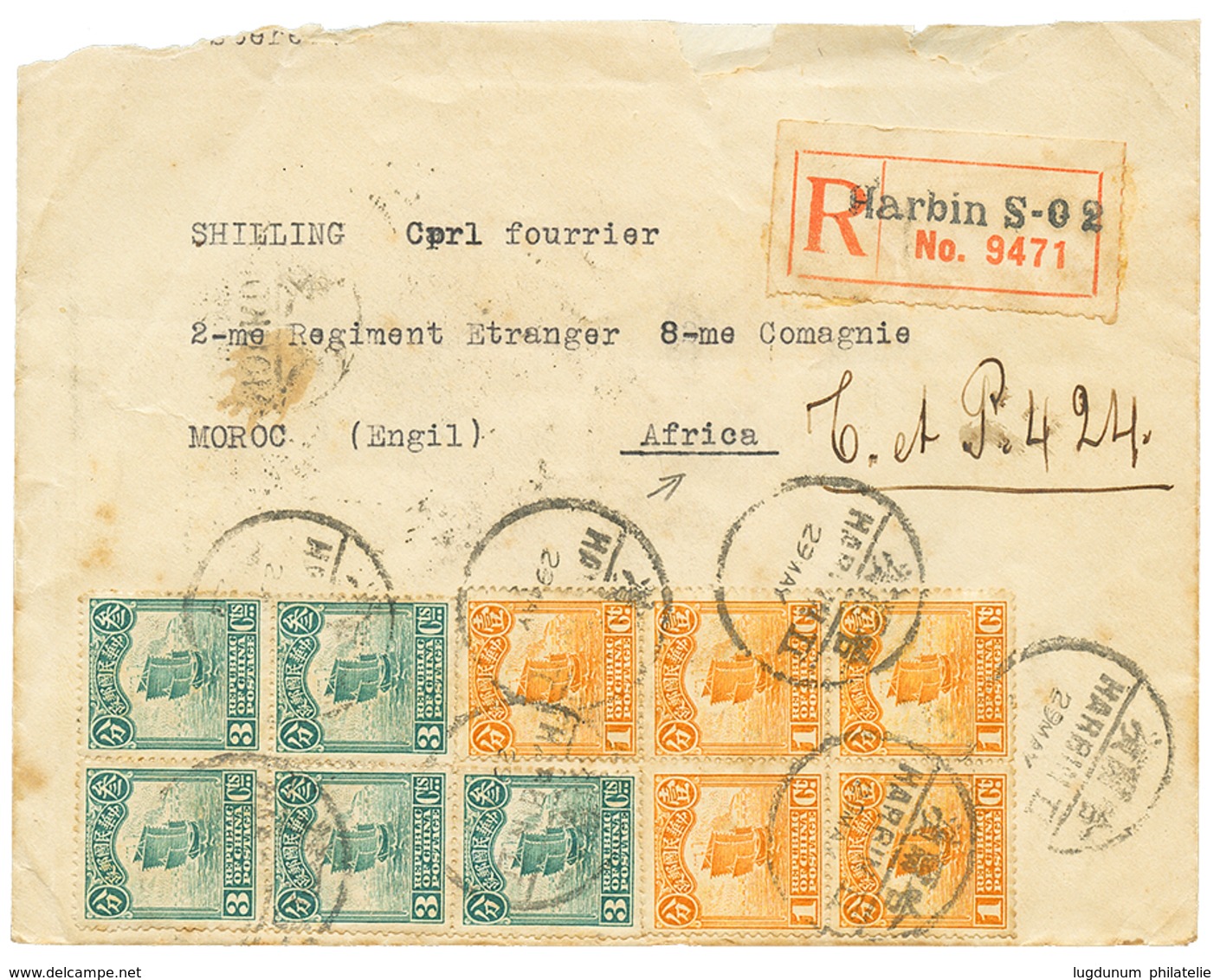 1132 CHINA To MOROCCO : 19101c(x5) + 3c(x5) Canc. HARBIN On REGISTERED Envelope Via MOUKDEN To MOROCCO AFRICA. Very Rare - Altri & Non Classificati