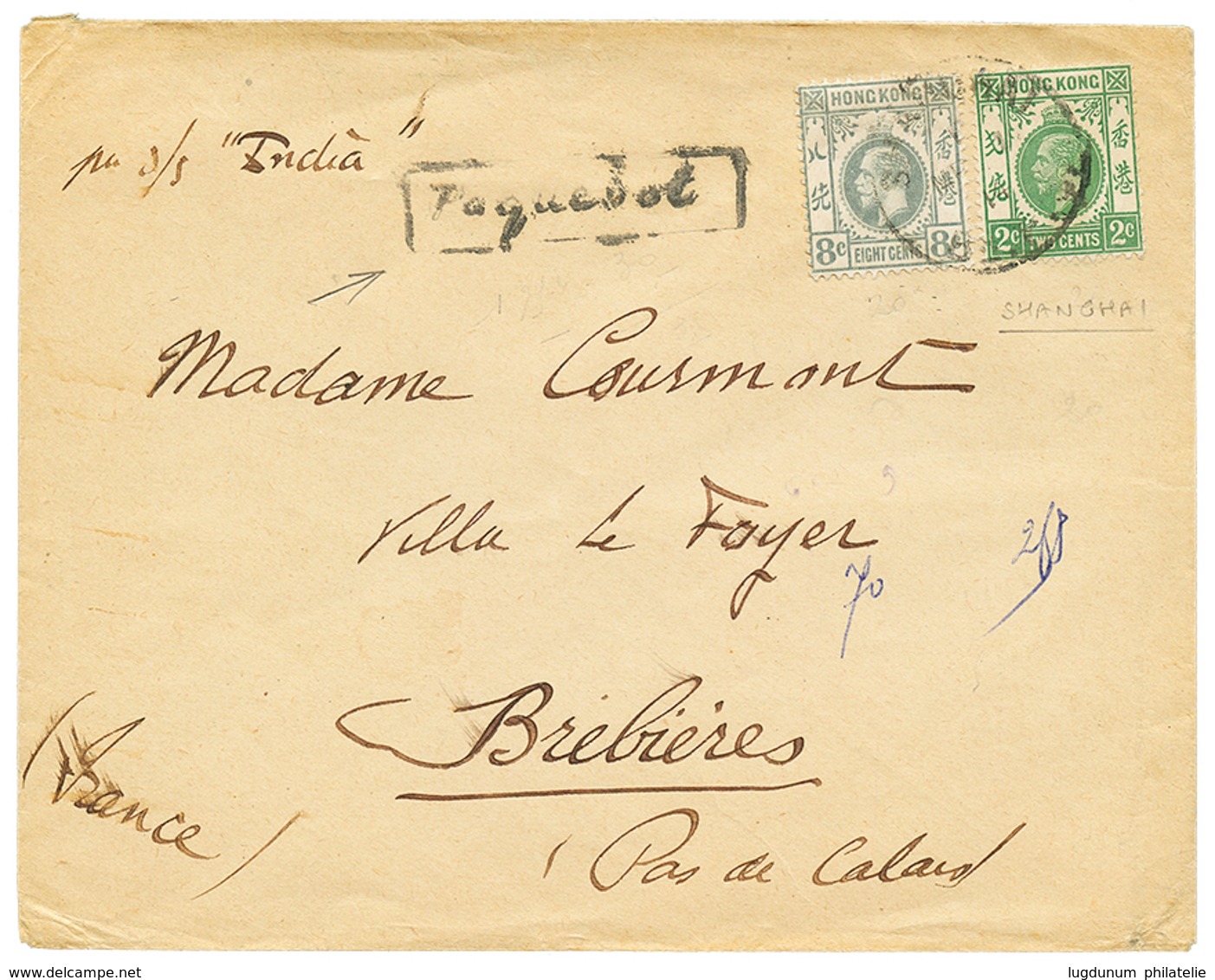 1133 HONG-KONG 2c + 8c Canc. SHANGHAI + Boxed PAQUEBOT On Envelope To FRANCE. Vf. - Sonstige & Ohne Zuordnung