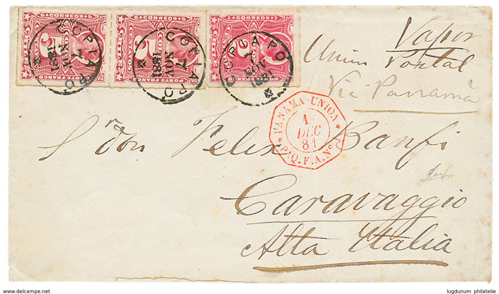 1144 1881 CHILE 5c(x3) Canc. COPIAPO + Red Cds PANAMA-UNION PAQ.F A N°1 On Envelope To ITALIA. Superb. - Chili