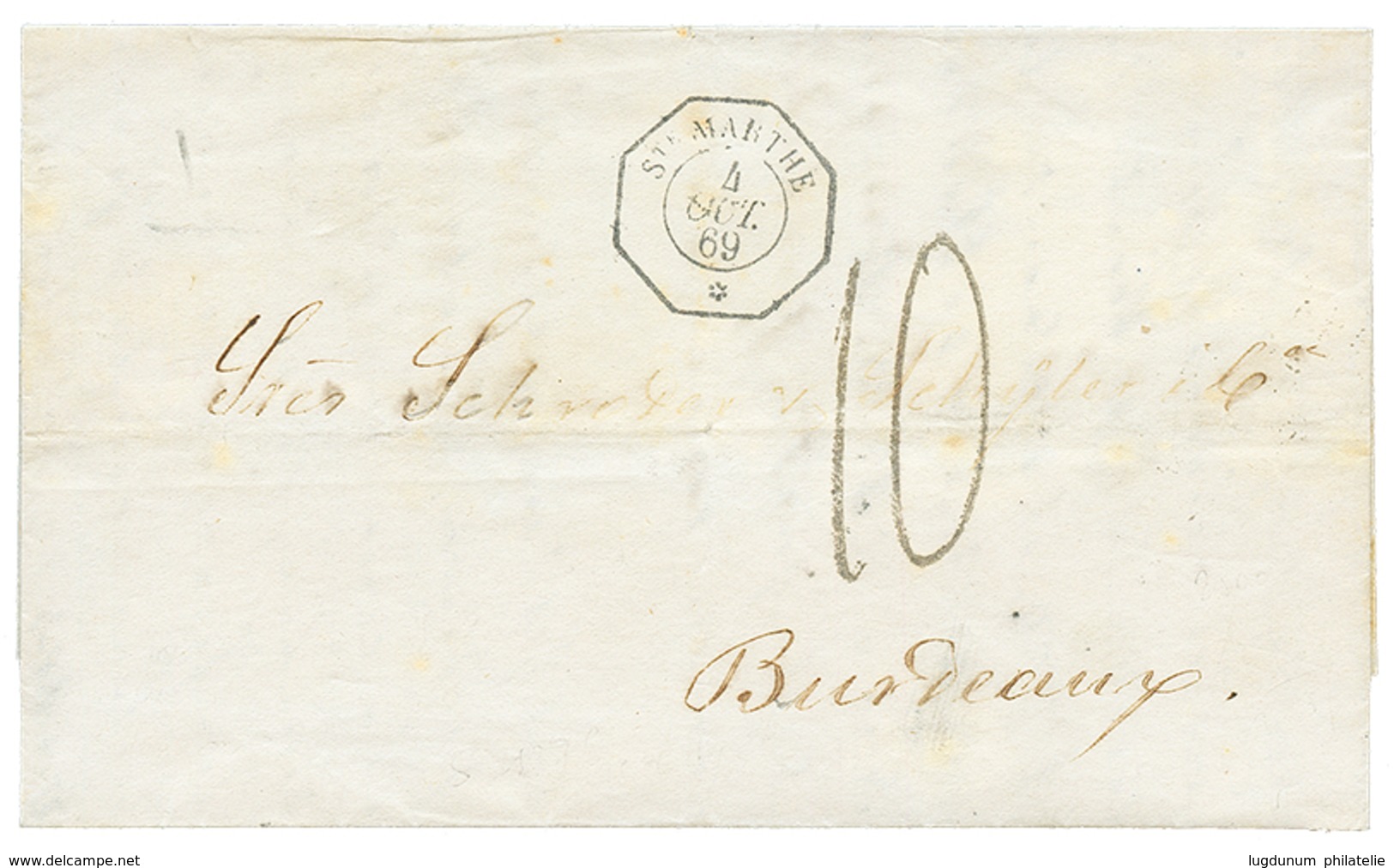 1145 COLOMBIA : 1869 French Cachet STE MARTHE + "10" Tax Marking On Entire Letter To FRANCE. Vvf. - Colombia