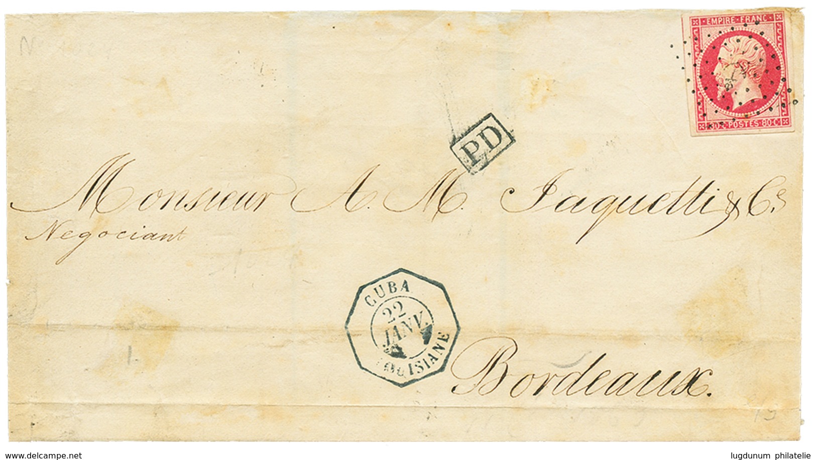 1146 CUBA - French Mail : 1863 FRANCE 80c(n°17) With Large Margins Canc. Anchor + Very Rare Cds CUBA LOUISIANE On Cover( - Altri & Non Classificati