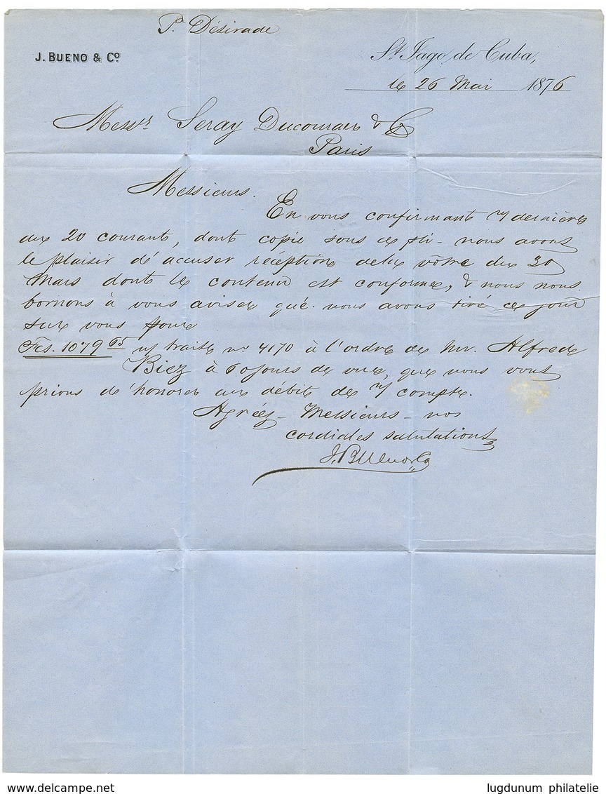 1147 CUBA - French Mail : 1876 FRANCE 20c Canc. By Manuscript Crayon + "T" Tax Marking + SANTIAGO-DE-CUBA + 12 Tax Marki - Other & Unclassified