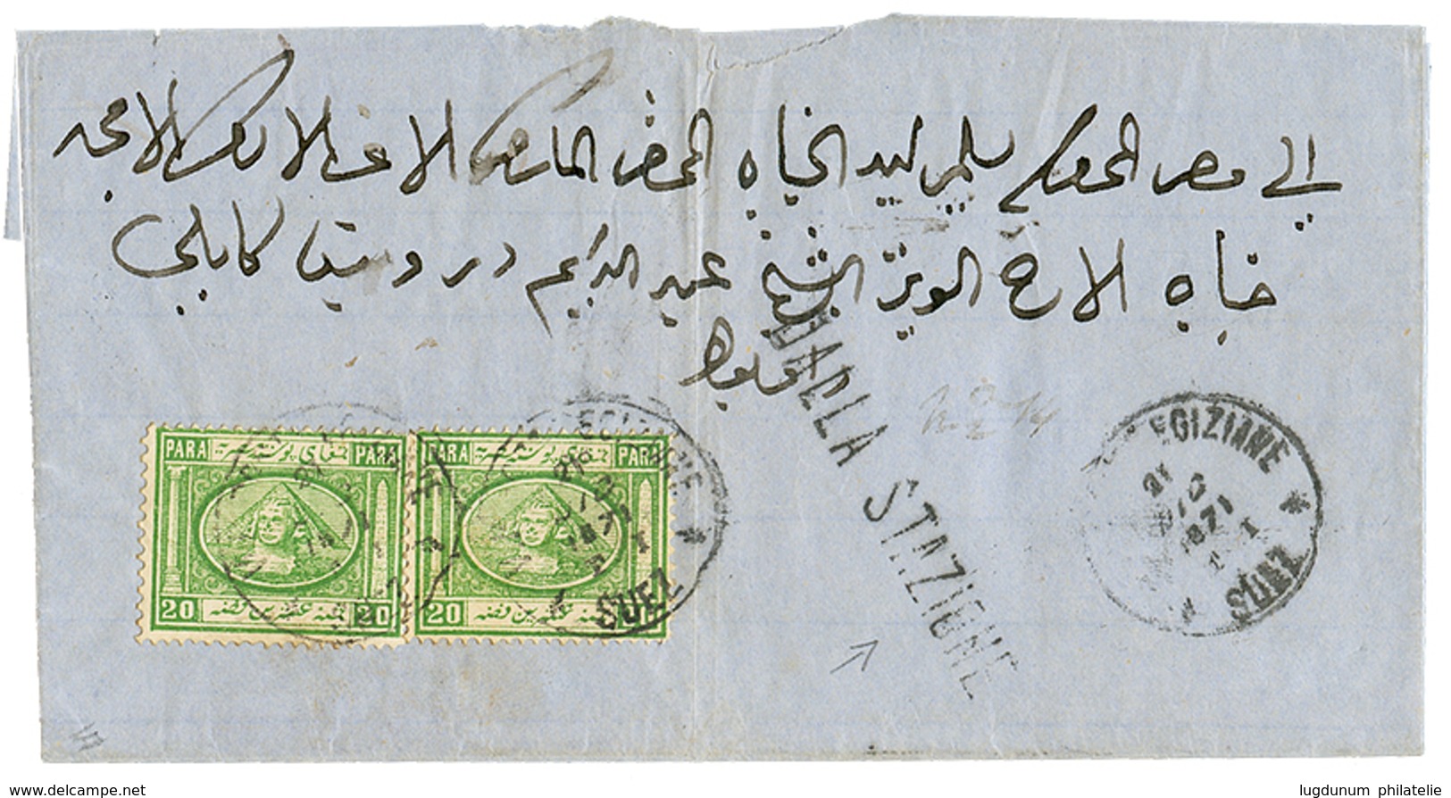 1150 EGYPT : 1871 20P(x2) Canc. POSTE EGIZIANE SUEZ + DALLA STAZIONE On Cover To CAIRO. Very Rare RAILWAY Mark From SUEZ - Otros & Sin Clasificación