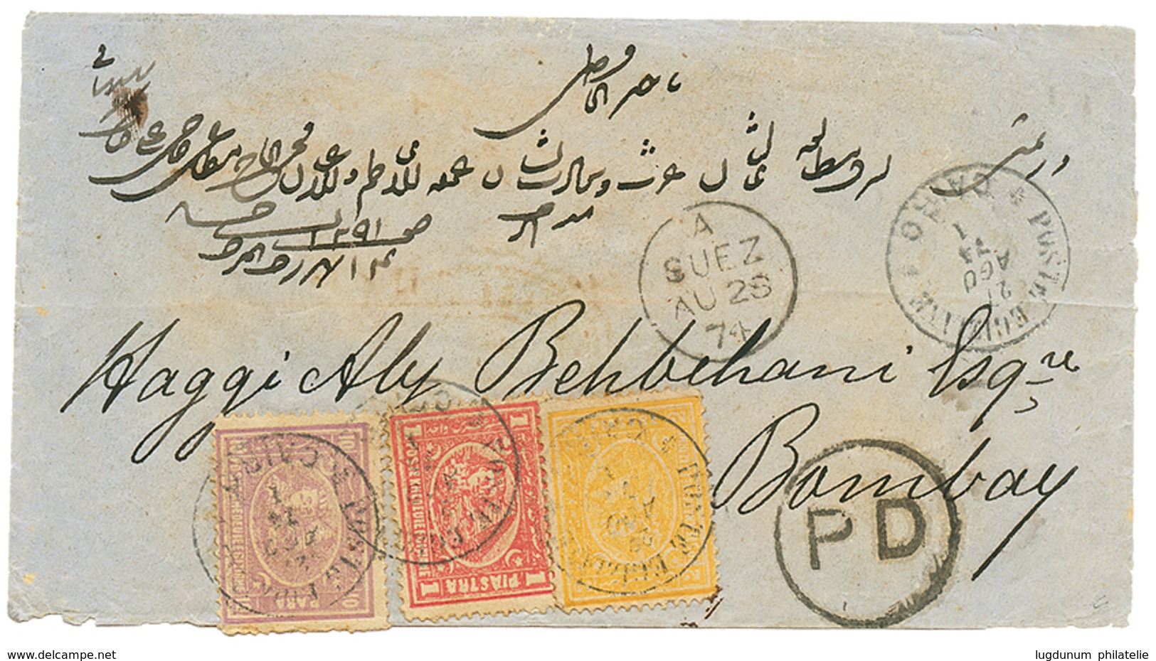 1151 1874 EGYPT 10p + 1P+ 2P Canc. CAIRO + British Cds SUEZ + P.D On Envelope To BOMBAY INDIA. Superb. - Other & Unclassified