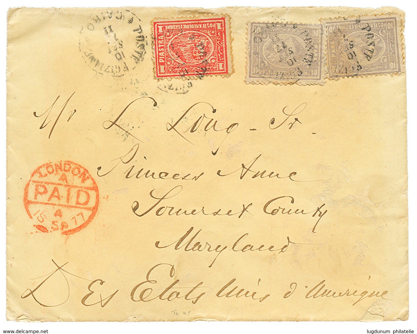 1153 1877 10p(x2) + 1P Canc. CAIRO On Envelope Via LONDON To SOMERSET COUNTY (UNITED STATES). Vf. - Sonstige & Ohne Zuordnung