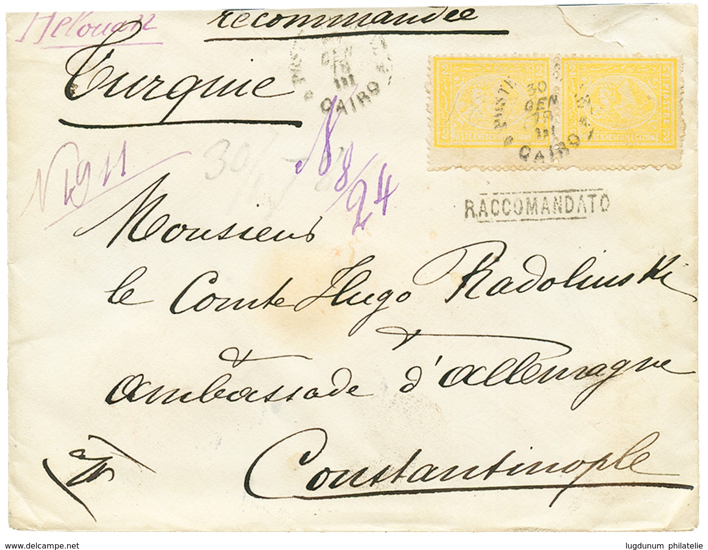 1155 1878 Pair 2P Canc. CAIRO + RACCOMANDATO On REGISTERED Envelope To CONSTANTINOPLE. Vf. - Autres & Non Classés