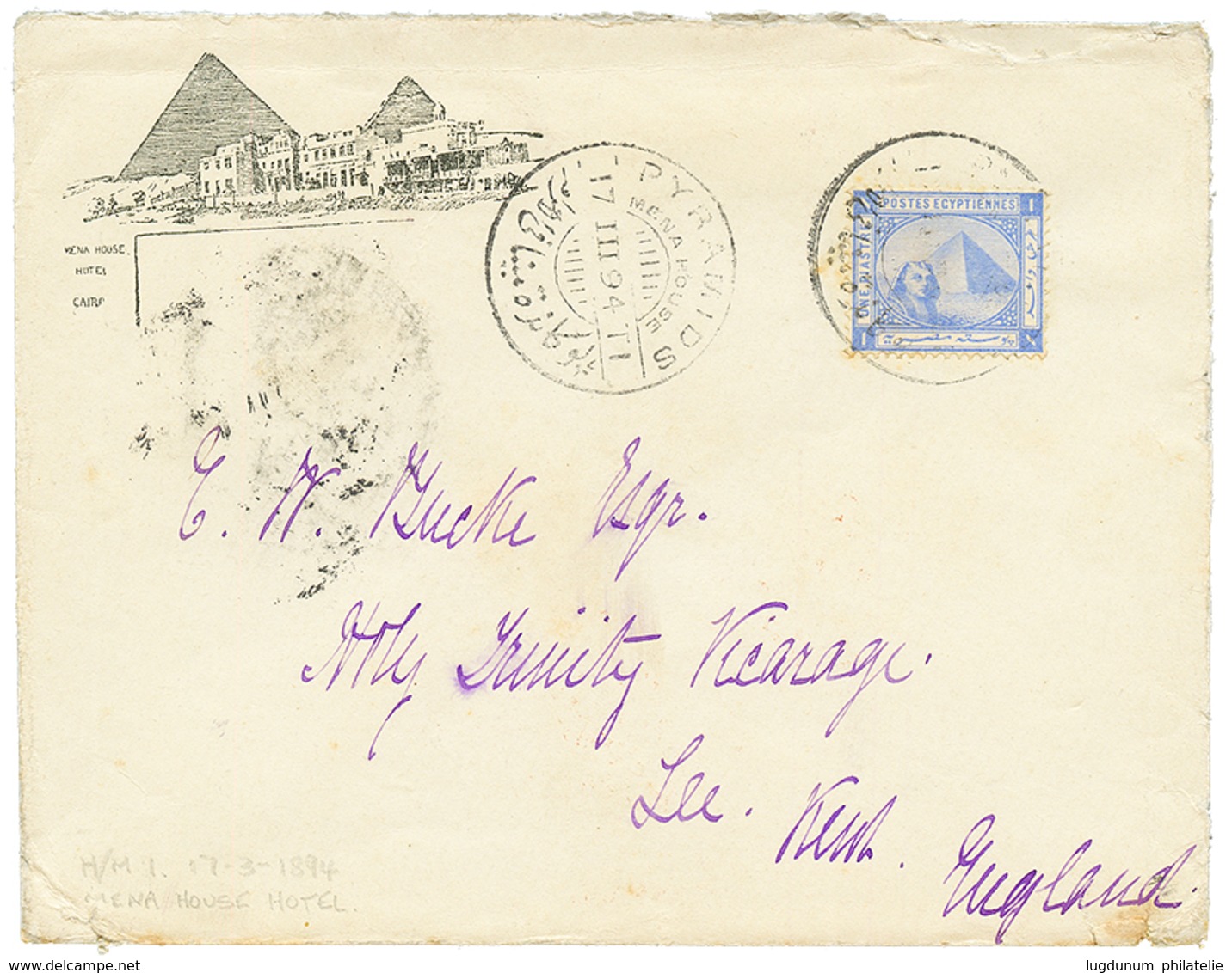 1157 HOTEL : 1894 1P Canc. PYRAMIDS MENA HOUSE On Illustrated Envelope To ENGLAND. Scarce. Vvf. - Otros & Sin Clasificación