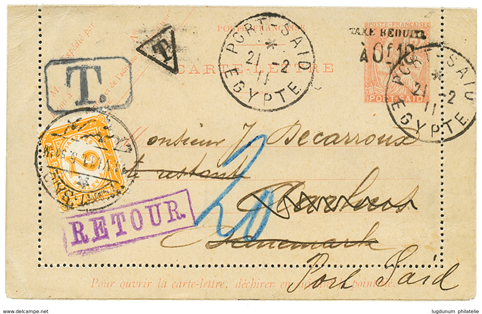 1159 1911 French P.O PORT-SAID Postal Stationery Overprint TAXE REDUITE 0f10 Canc. PORT-SAID EGYPTE To DENMARK Redirecte - Other & Unclassified