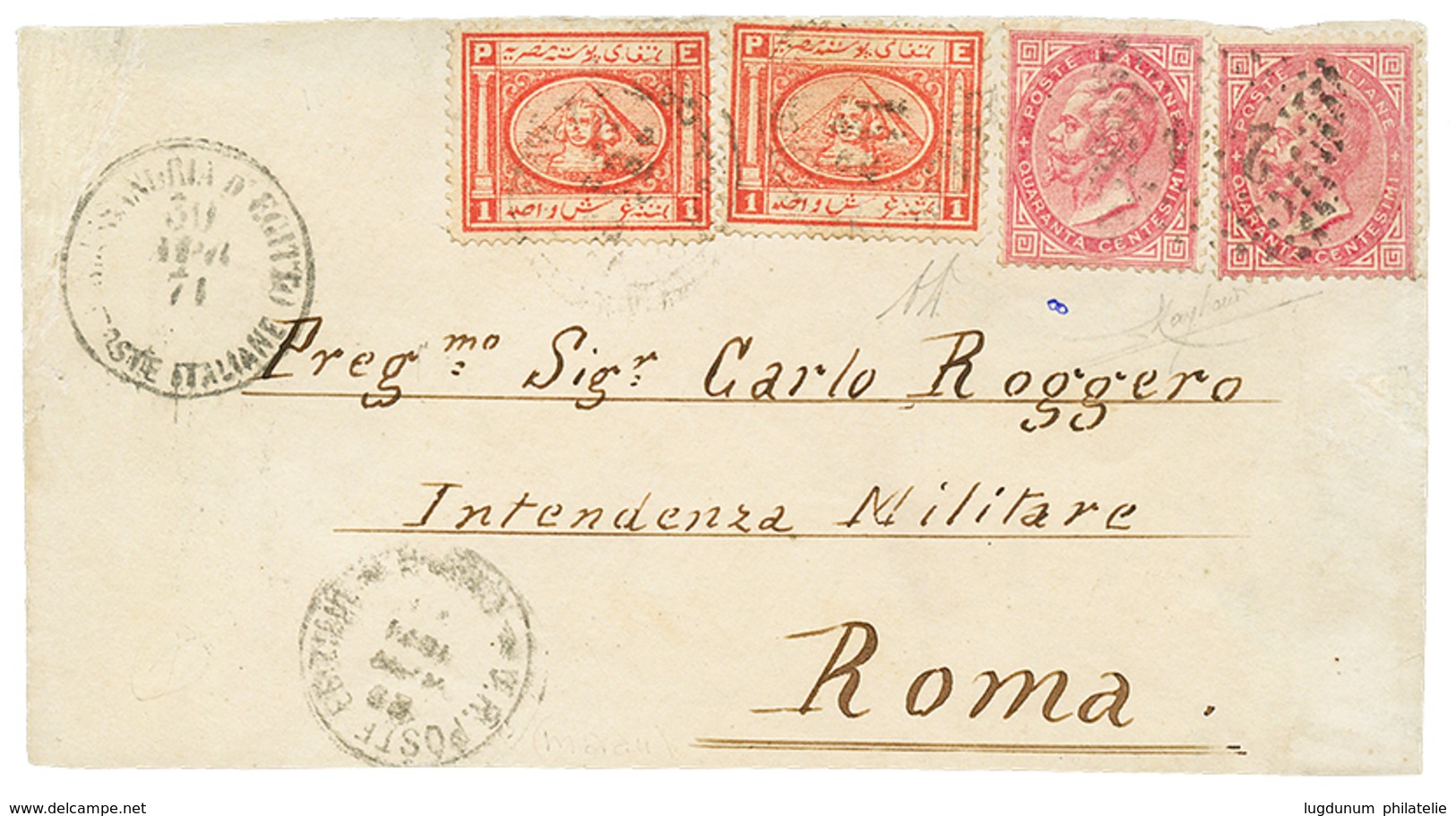 1161 EGYPT - ITALIAN POST OFFICES : 1871 ITALY 40c(x2) Canc. 234 + ALESSANDRIA D'EGITTO POSTE ITALIANE + EGYPT 1P(x2) Ca - Otros & Sin Clasificación