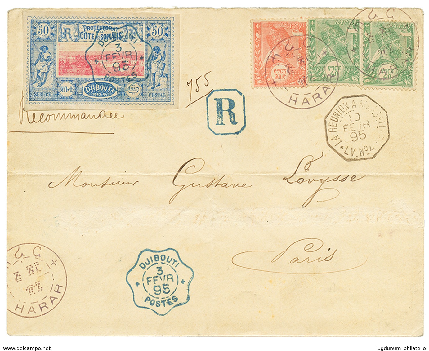 1162 1895 ETHIOPIA 1/4g(x2) + 1/2g Canc. HARAR + SOMALI COAST 50c Canc. DJIBOUTI On REGISTERED Envelope To FRANCE. Verso - Ethiopie