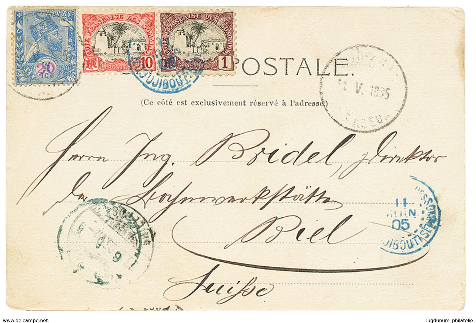 1164 1905 ETHIOPIA 20 On 2g Canc. ADIS-ABEBA + SOMALI COAST 1c+ 10c Canc. DJIBOUTI On Card To SWITZERLAND. Vf. - Ethiopië