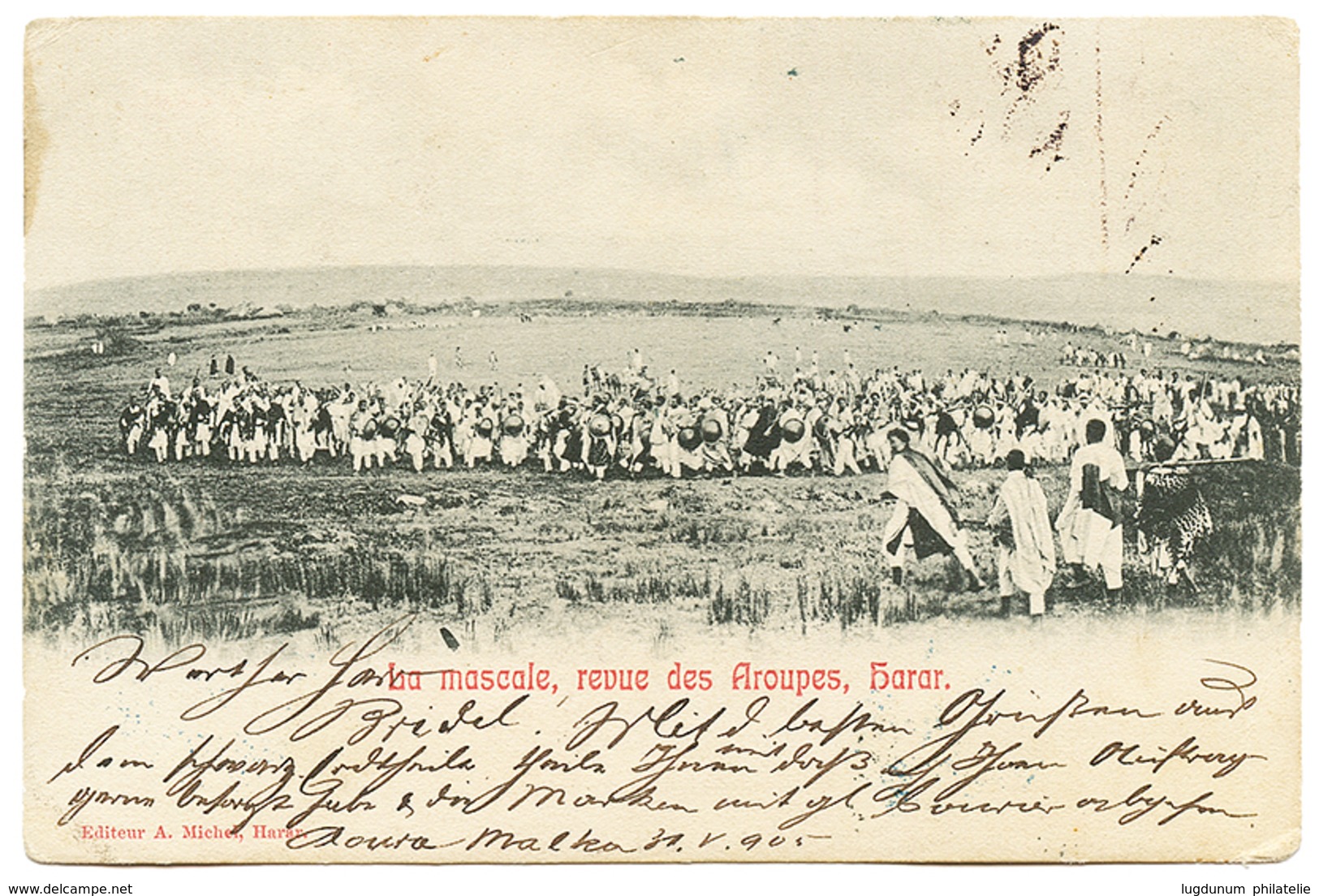 1164 1905 ETHIOPIA 20 On 2g Canc. ADIS-ABEBA + SOMALI COAST 1c+ 10c Canc. DJIBOUTI On Card To SWITZERLAND. Vf. - Äthiopien