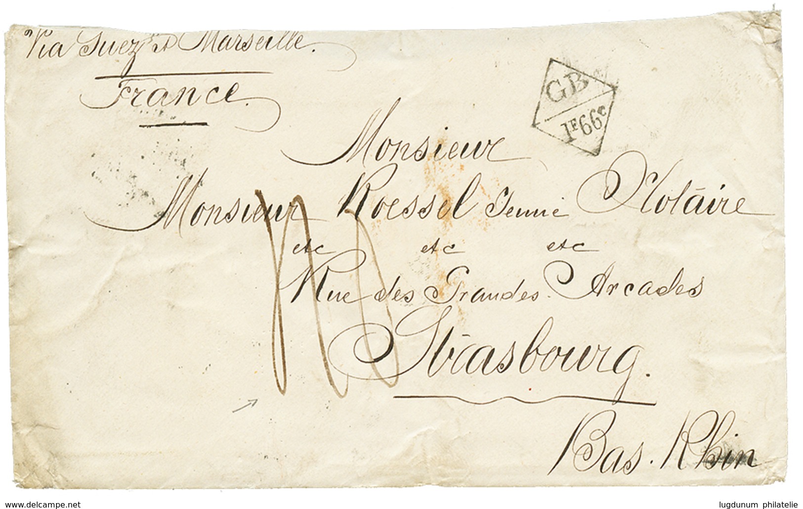 1166 1868 GB/1F66c + Taxe 40 (rare) On Envelope To FRANCE. Verso, Superb Blue Cds HONG-KONG. Vf. - Sonstige & Ohne Zuordnung