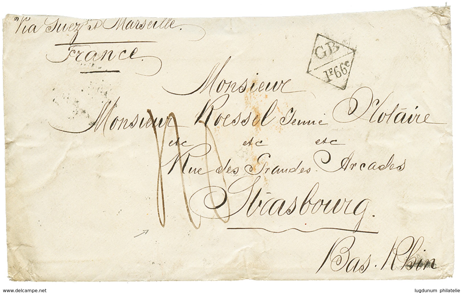 1166 1868 GB/1F66c + Taxe 40 (rare) On Envelope To FRANCE. Verso, Superb Blue Cds HONG-KONG. Vf. - Autres & Non Classés