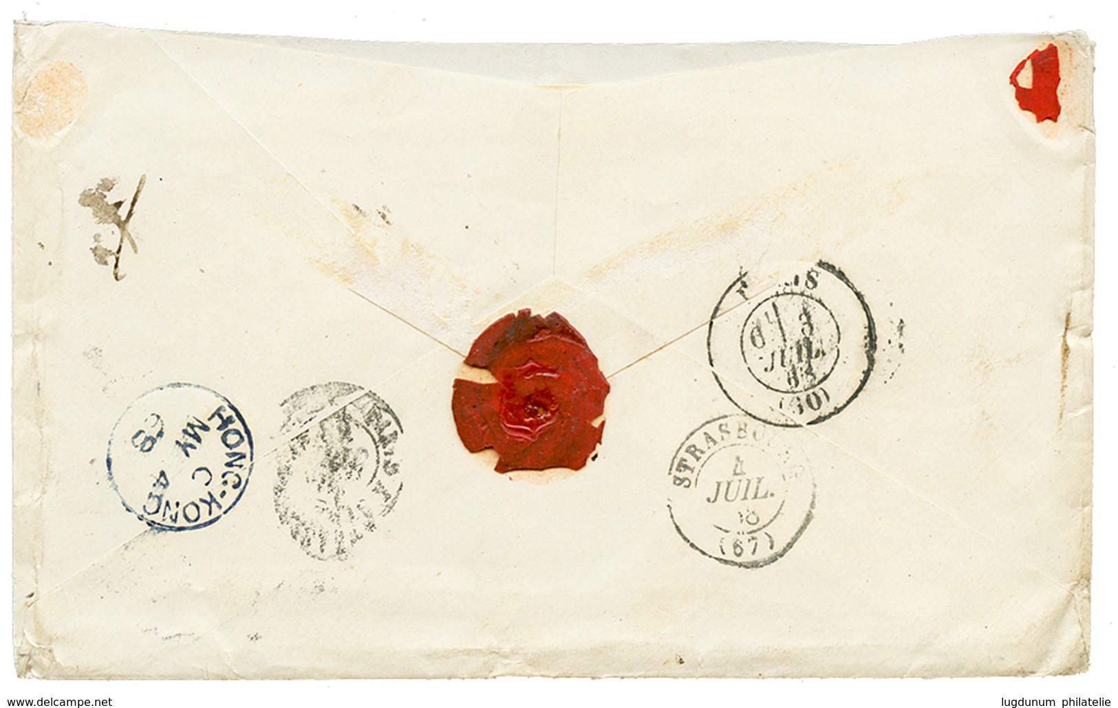 1166 1868 GB/1F66c + Taxe 40 (rare) On Envelope To FRANCE. Verso, Superb Blue Cds HONG-KONG. Vf. - Autres & Non Classés