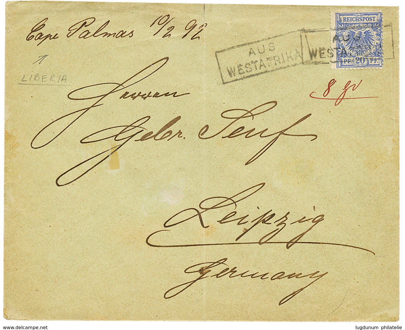 1170 LIBERIA : 1892 GERMANY 20pf Canc. AUS WESTAFRIKA + "CAPE PALMAS 10/2.92" On Envelope To LEIPZIG. Vvf. - Liberia