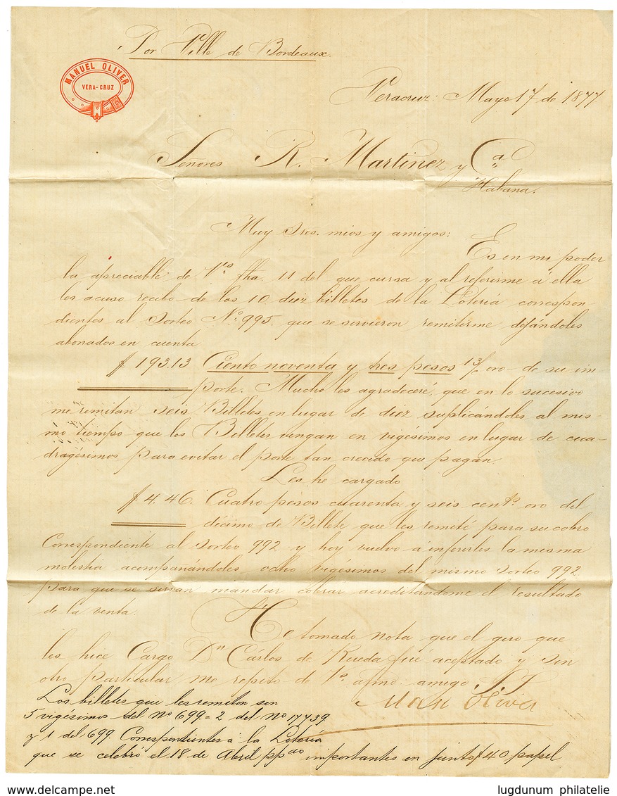 1172 MEXICO : 1877 FRANCE 40c(x2) Canc. MEXIQUE 1 + MEXICO 10c(x2) Canc. VERA-CRUZ On Entire Letter To HABANA CUBA . Sca - Mexique