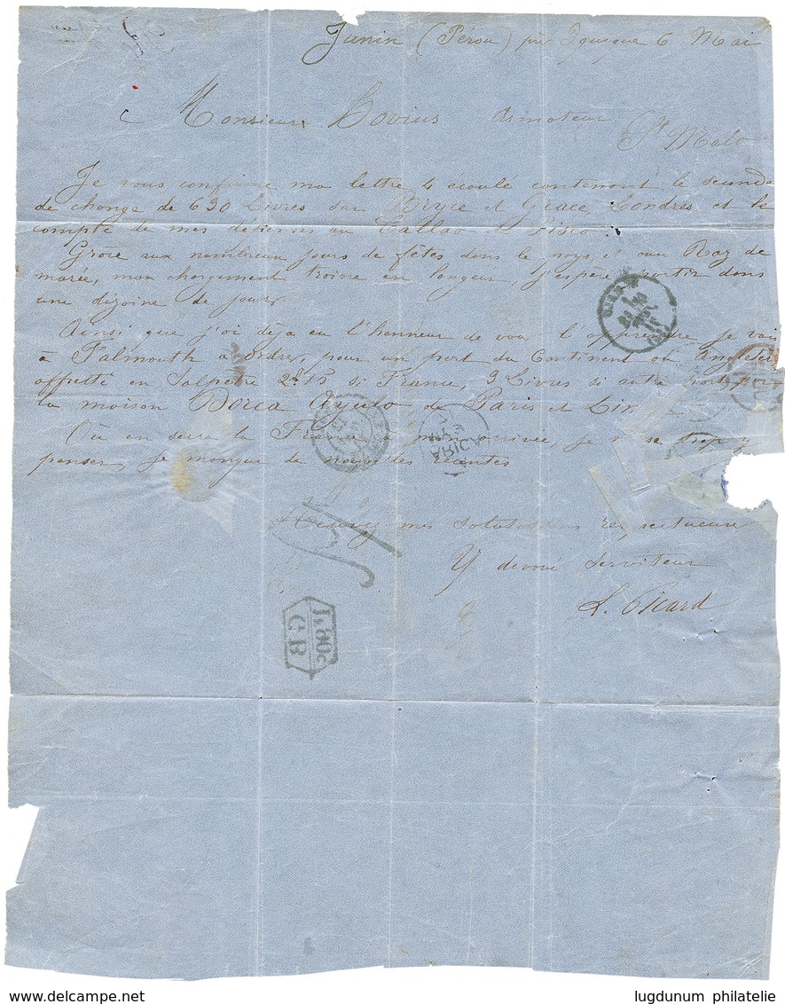 1174 "JUNIN" : 1871 British Cds ARICA + GB/1F90 On Entire Letter Datelined "JUNIN Near IQUIQUE" To FRANCE. Vf. - Perú