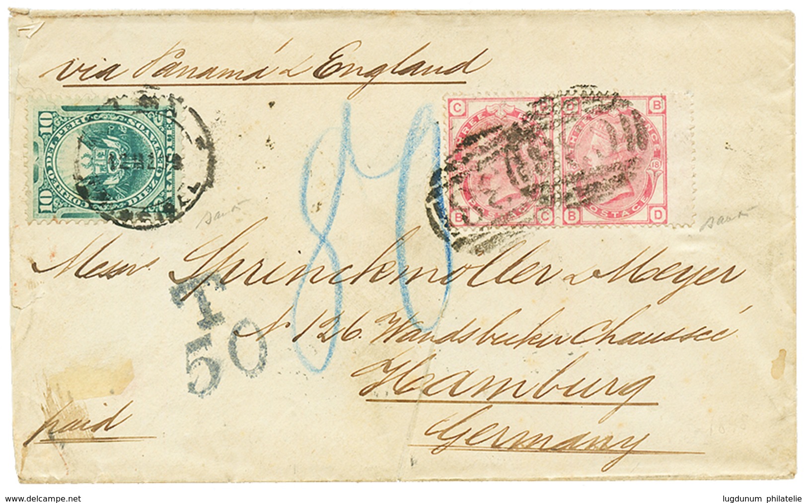 1175 1879 GREAT BRITAIN Pair 3d Vanc. C38 + PERU 10c Canc. LIMA On Taxed Envelope To HAMBURG. Vf. - Peru